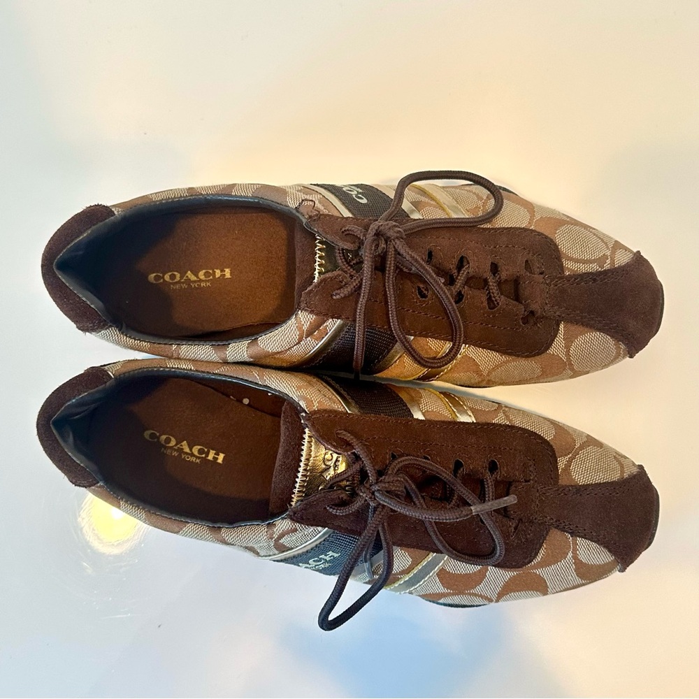 LIKE NEW Coach Women's Brown and Gold suede signature logo sneakers, Size 8 - Picture 10 of 12